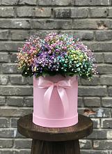 Цветочная композиция из Гипсофила и Розы в шляпной коробке в Озерках