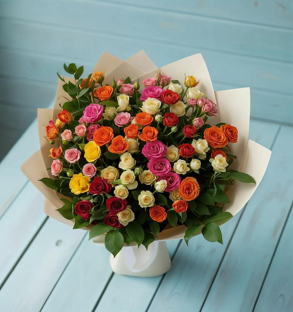 Букет Микс из разноцветных кустовых роз в Озерках