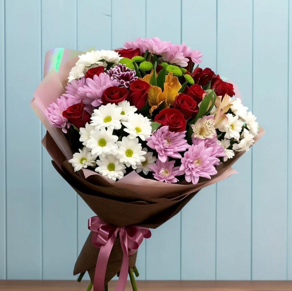 Букет цветов из: Розы, Хризантемы и Альстромерии в Озерках