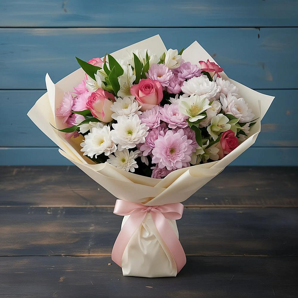 Букет цветов из: Хризантемы, Альстромерии и Розы в Озерках